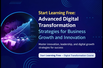Advanced digital transformation course infographic showing business innovation, AI integration, digital strategy, and growth through modern technologies