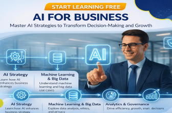 Start Learning Free AI for Business promotional banner featuring AI strategy, machine learning, big data, analytics, governance, and business growth.