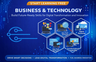 Start Learning Free Business & Technology banner highlighting AI, innovation, tech ventures, digital marketing, and transformational leadership for business growth.