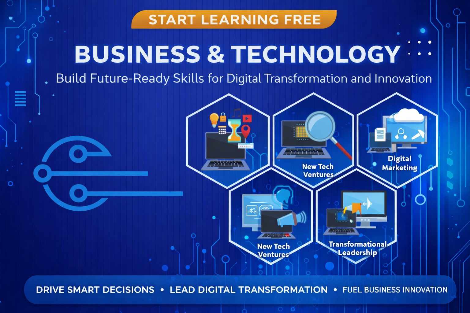 Start Learning Free Business & Technology banner highlighting AI, innovation, tech ventures, digital marketing, and transformational leadership for business growth.