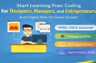 Start Learning Free Coding for Designers Managers and Entrepreneurs course banner with digital skills and coding message