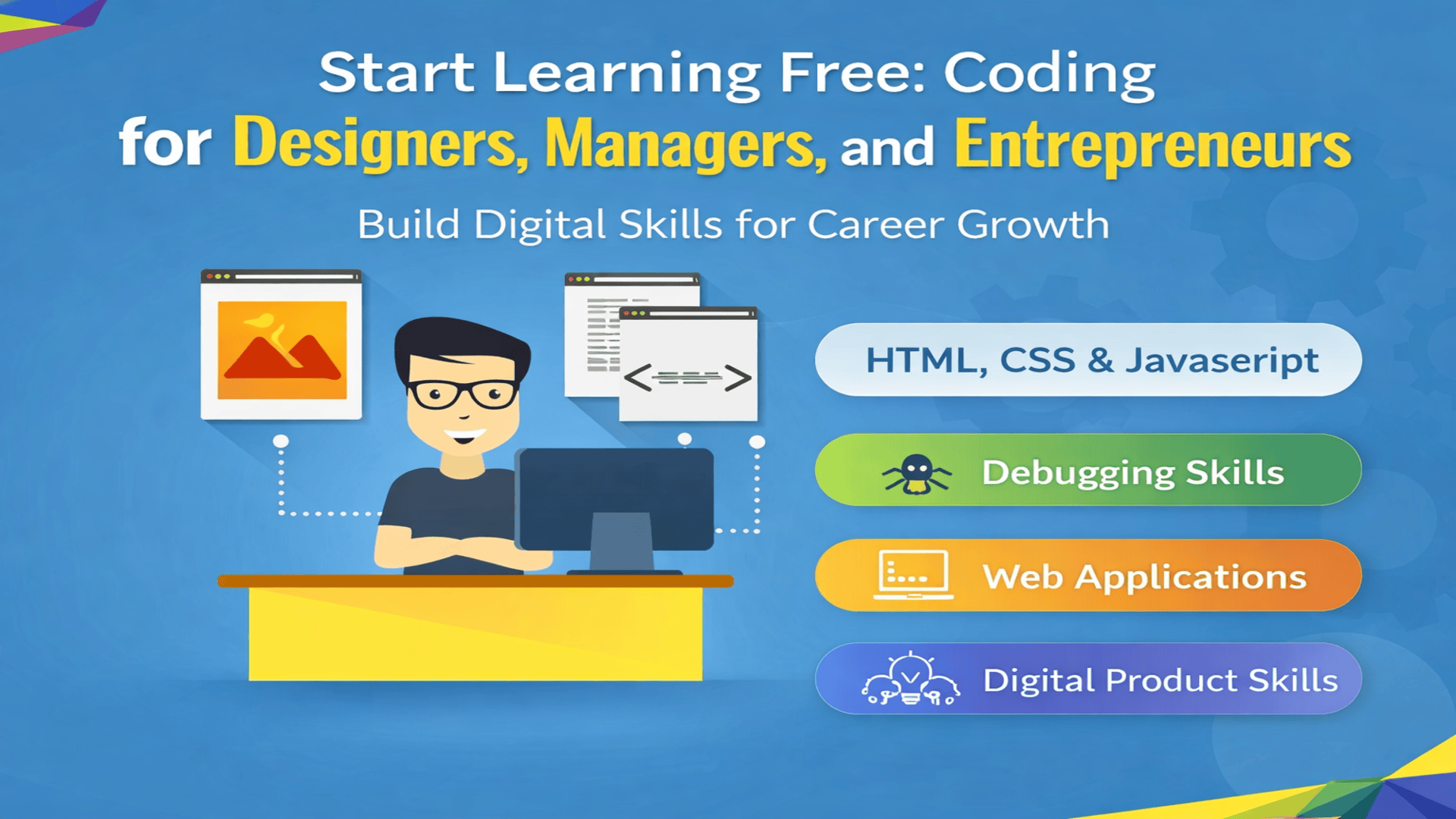 Start Learning Free Coding for Designers Managers and Entrepreneurs course banner with digital skills and coding message