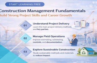Start learning free construction management fundamentals infographic showing project delivery contracts field operations and sustainability