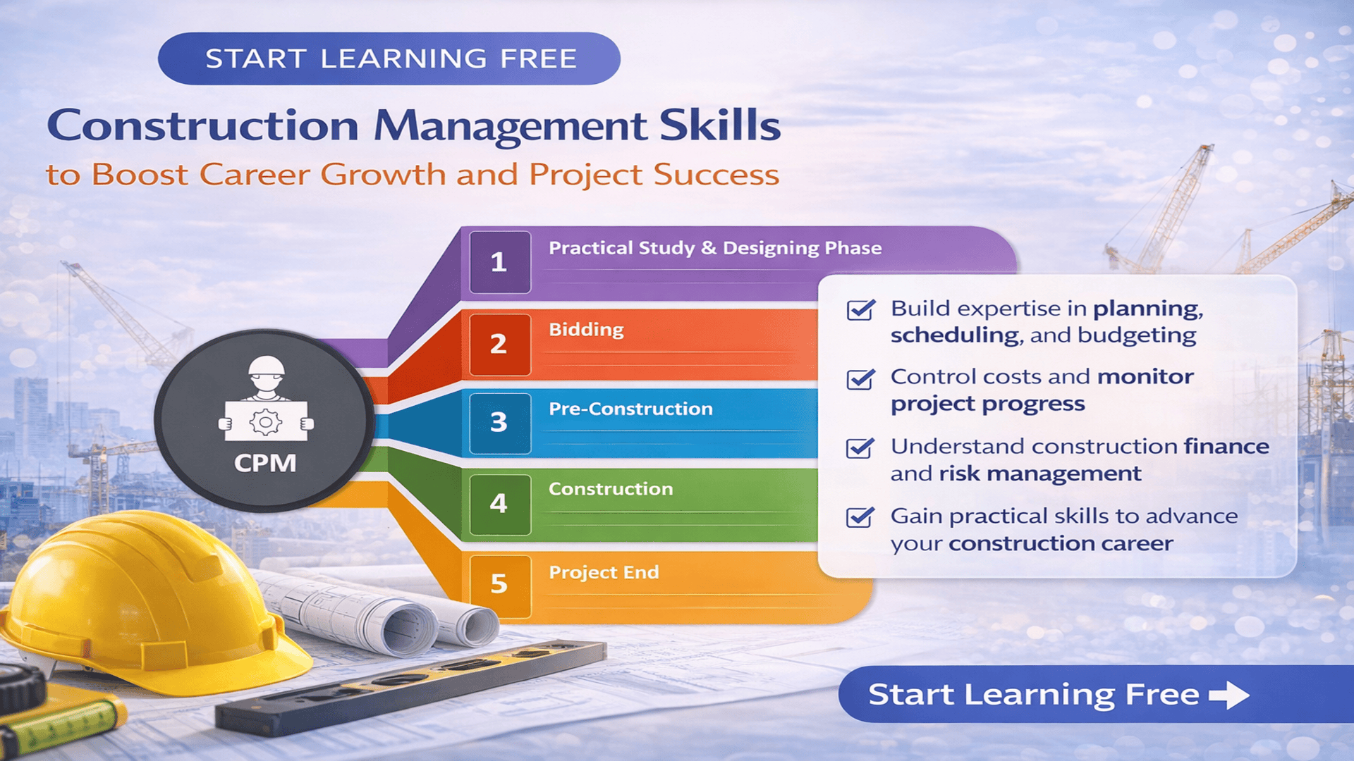 Start learning free construction management skills image focused on planning scheduling cost control finance and project success