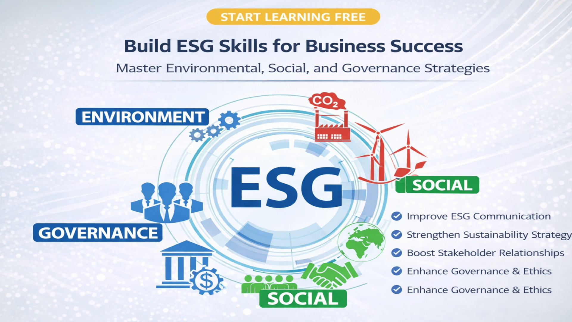 Start learning free ESG skills image focused on sustainability governance stakeholder engagement and business value creation