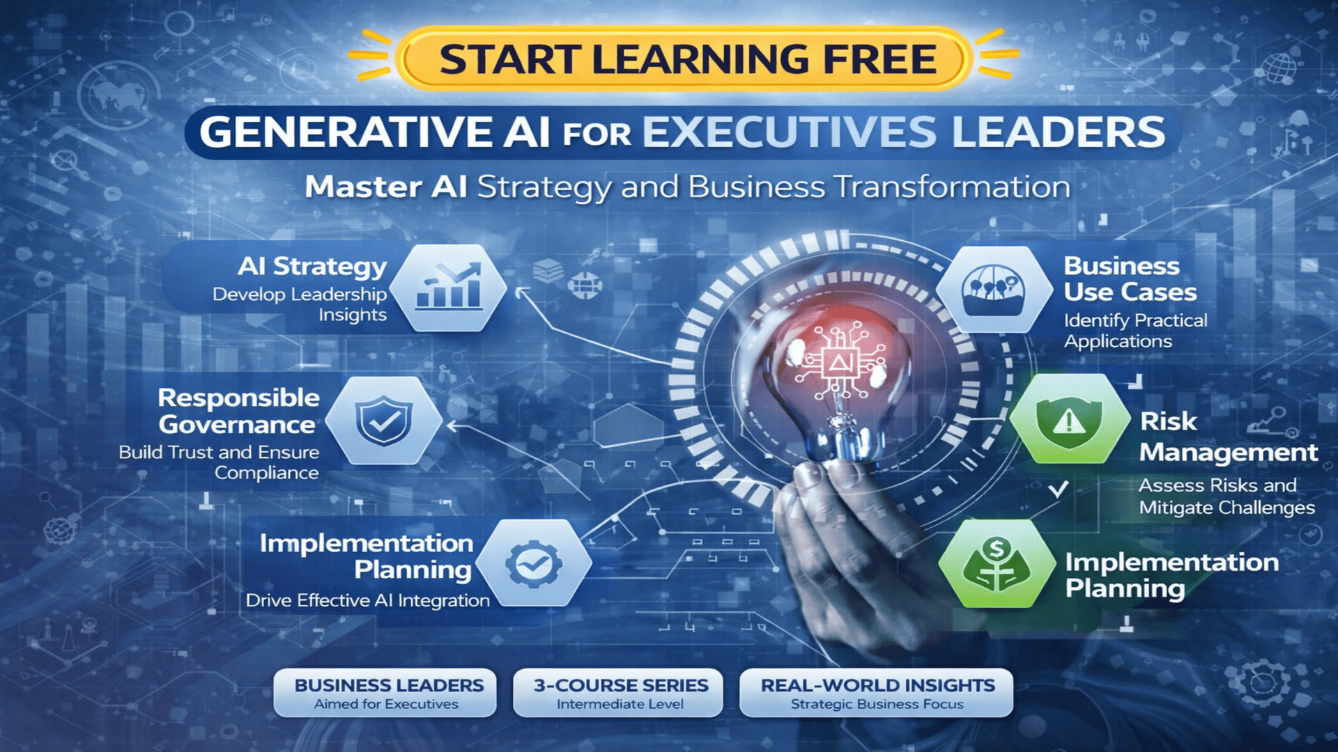 Start Learning Free Generative AI for Executives and Business Leaders course banner with AI strategy and business transformation