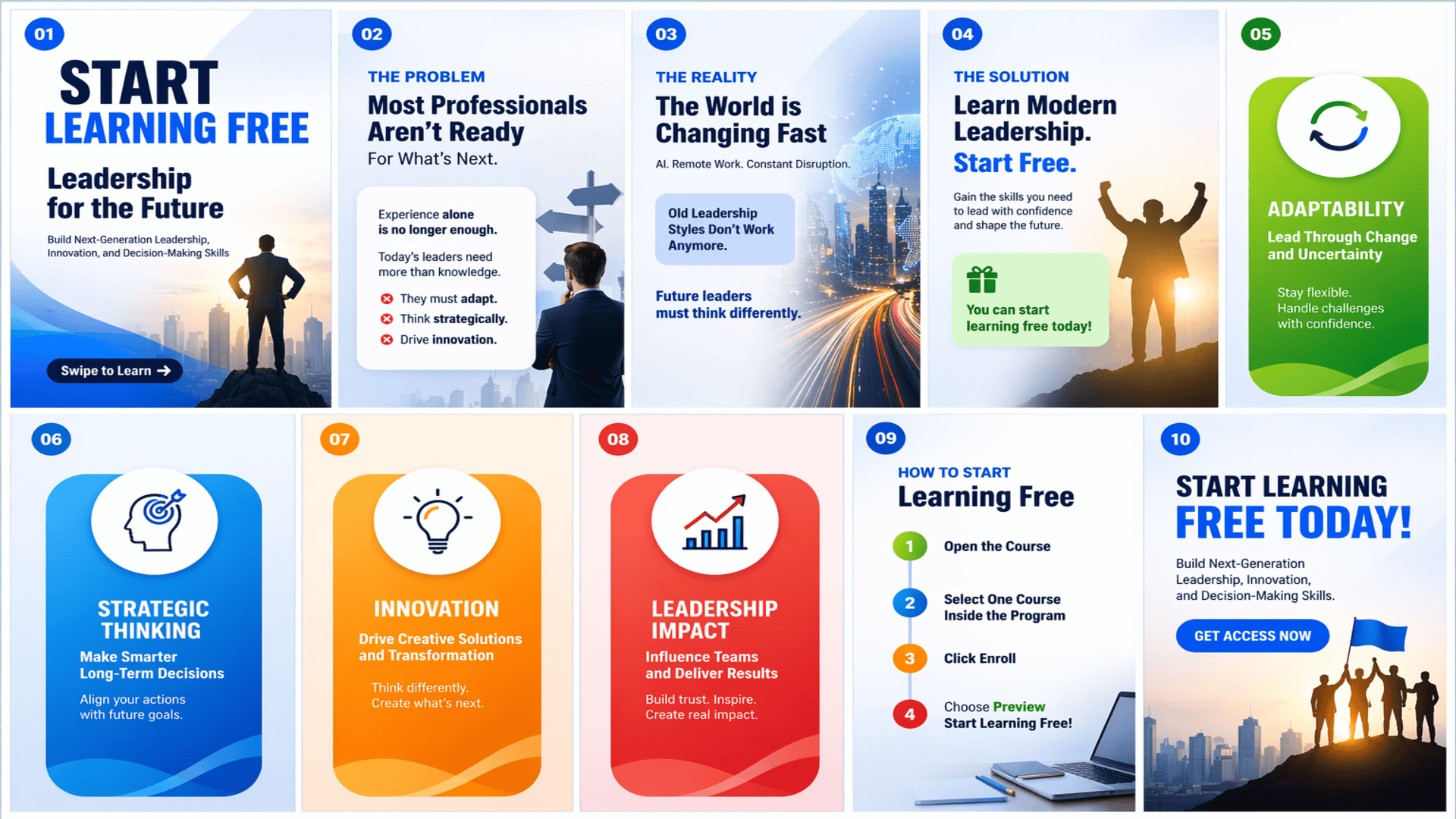 Start Learning Free Leadership for the Future course banner with leadership, innovation, communication, and transformation skills