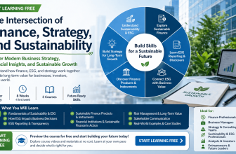 Professional business strategy and sustainable finance course illustration with ESG, financial insights, and growth planning elements.