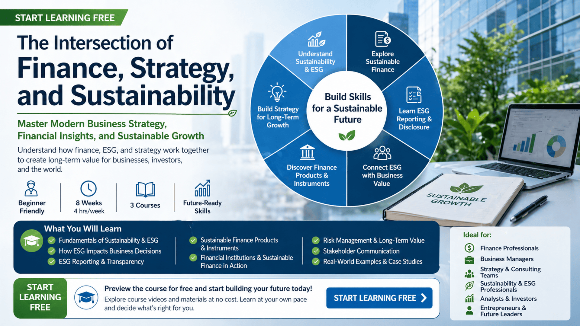 Professional business strategy and sustainable finance course illustration with ESG, financial insights, and growth planning elements.