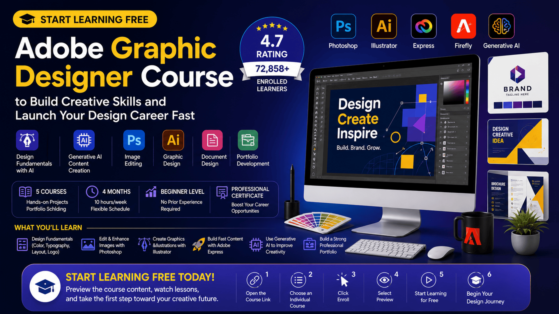 Start Learning Free Adobe Graphic Designer course for Photoshop Illustrator branding and creative design skills