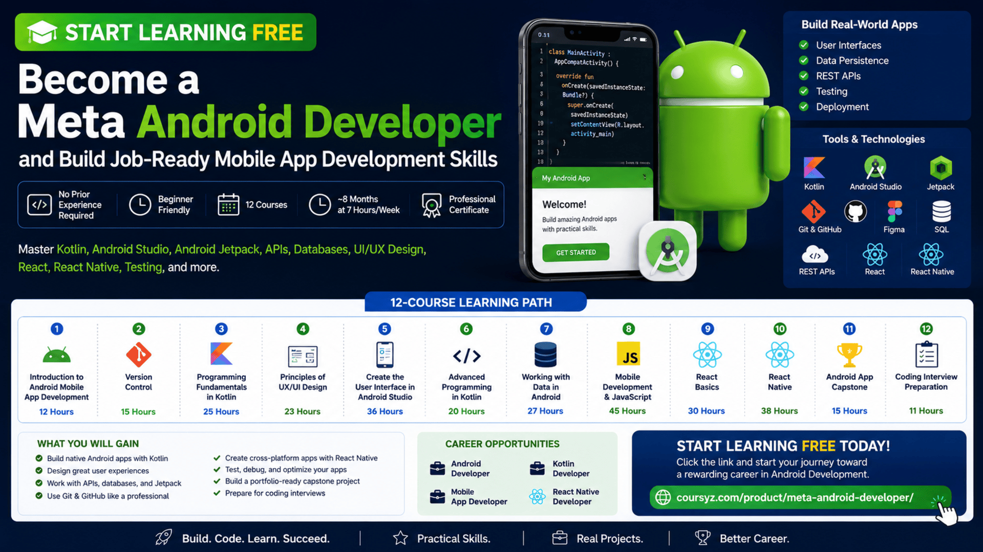Start learning free and become a Meta Android Developer with job-ready mobile app skills