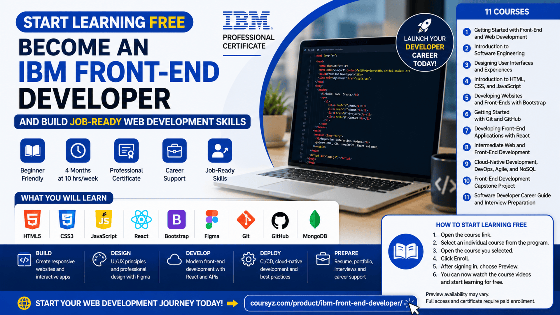 Start learning free with the IBM Front-End Developer Professional Certificate and build job-ready web development skills