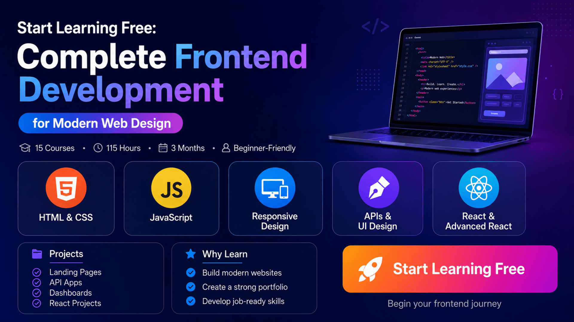 Start Learning Free frontend development program covering HTML, CSS, JavaScript, responsive design, accessibility, APIs, UI design, React, and advanced React