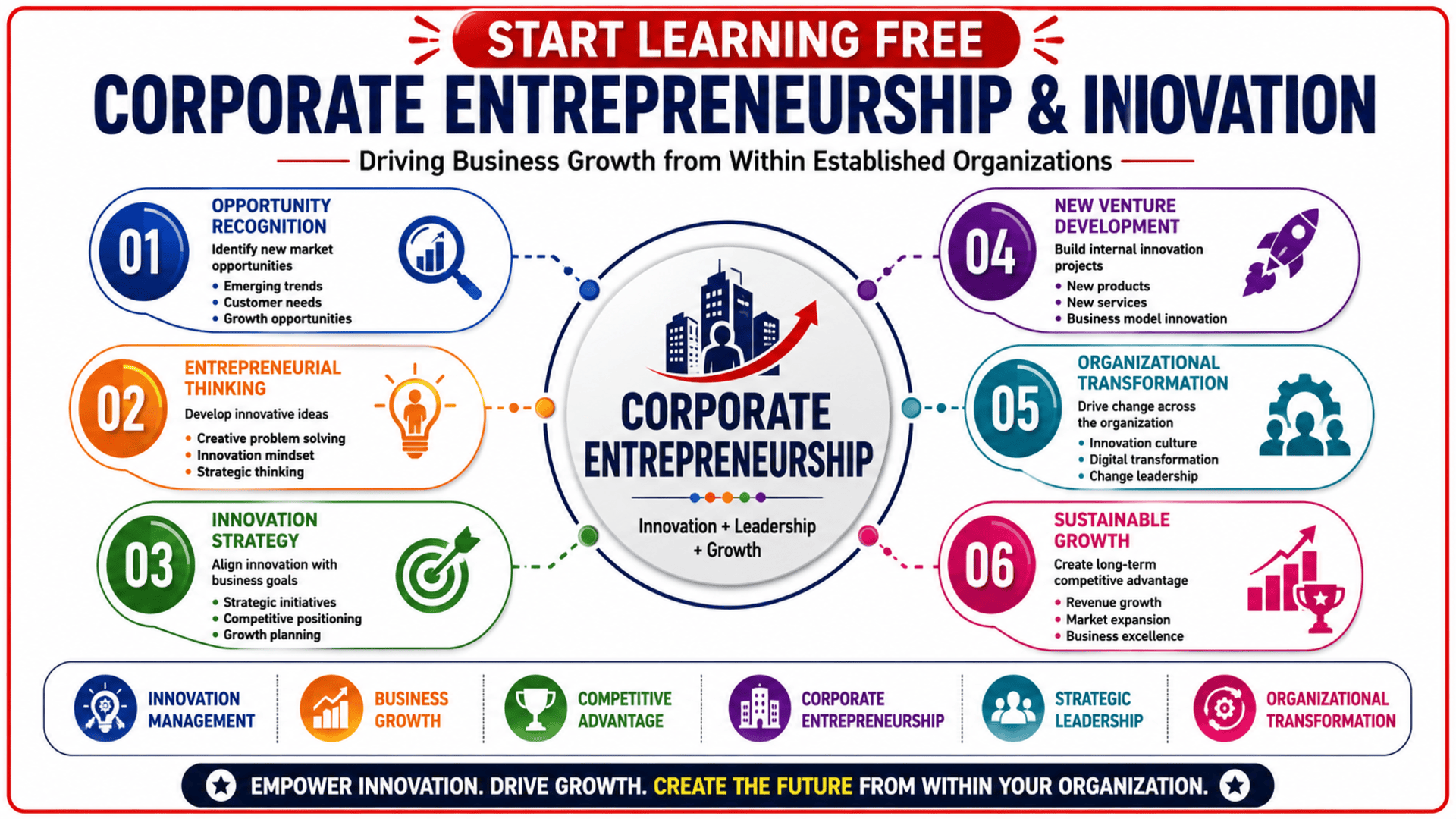 Corporate Entrepreneurship and Innovation course covering intrapreneurship, innovation strategy, business growth, organizational transformation, and leadership development.