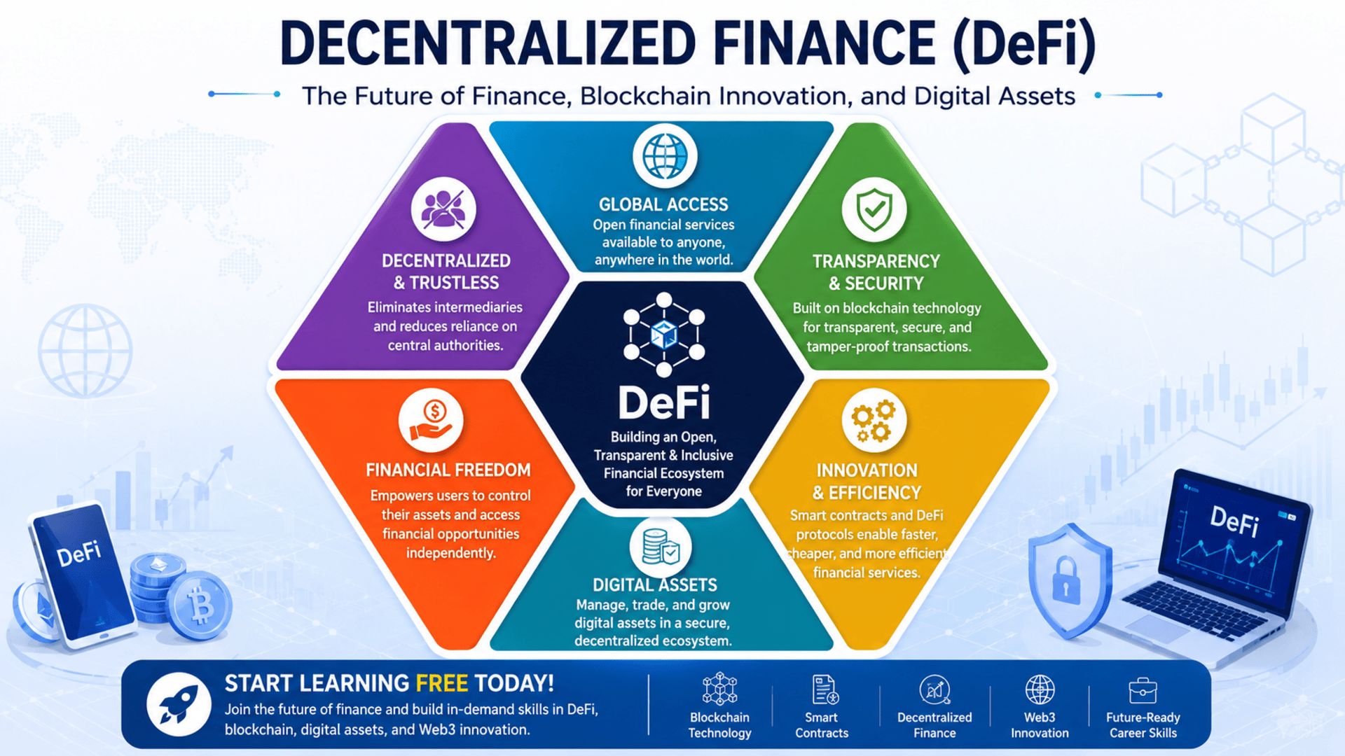 Decentralized Finance DeFi course covering blockchain technology, digital assets, Web3, cryptocurrency, smart contracts, and financial innovation