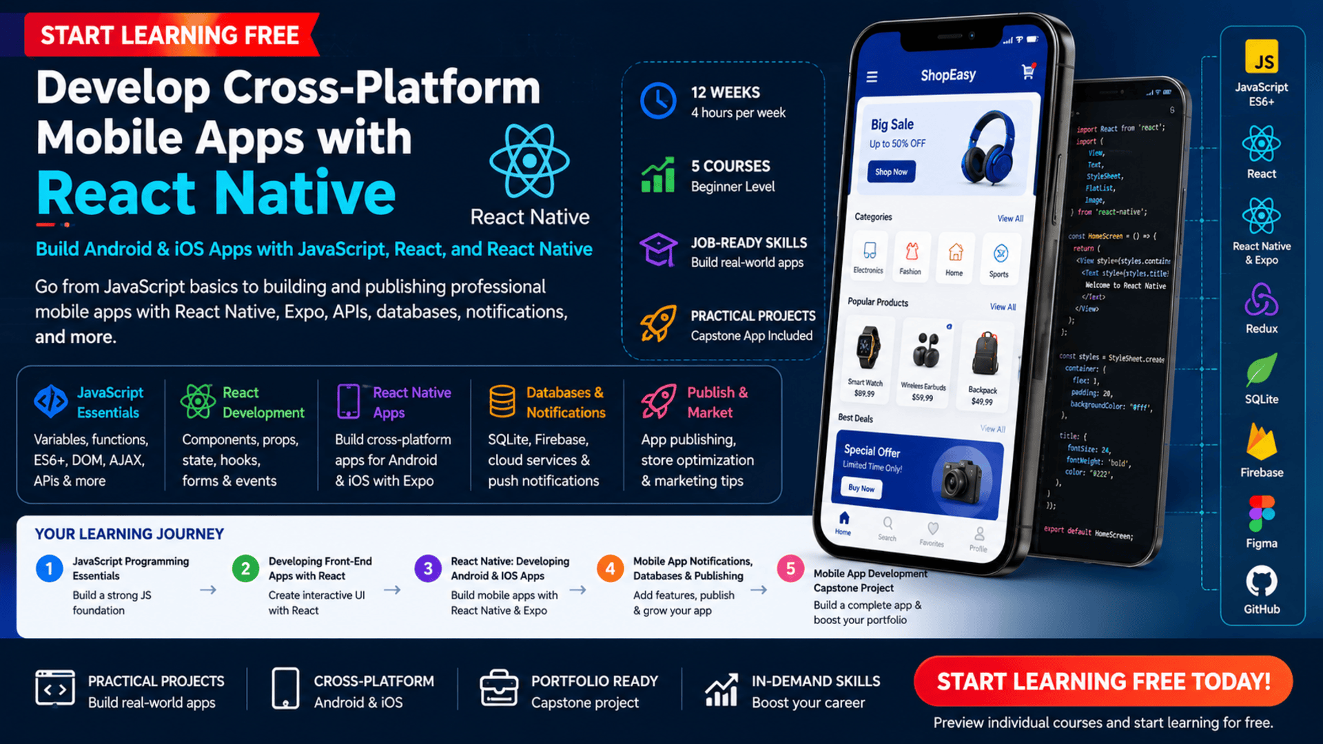Start Learning Free React Native mobile app development program covering JavaScript, React, Redux, Expo, Android, iOS, APIs, databases, and Figma