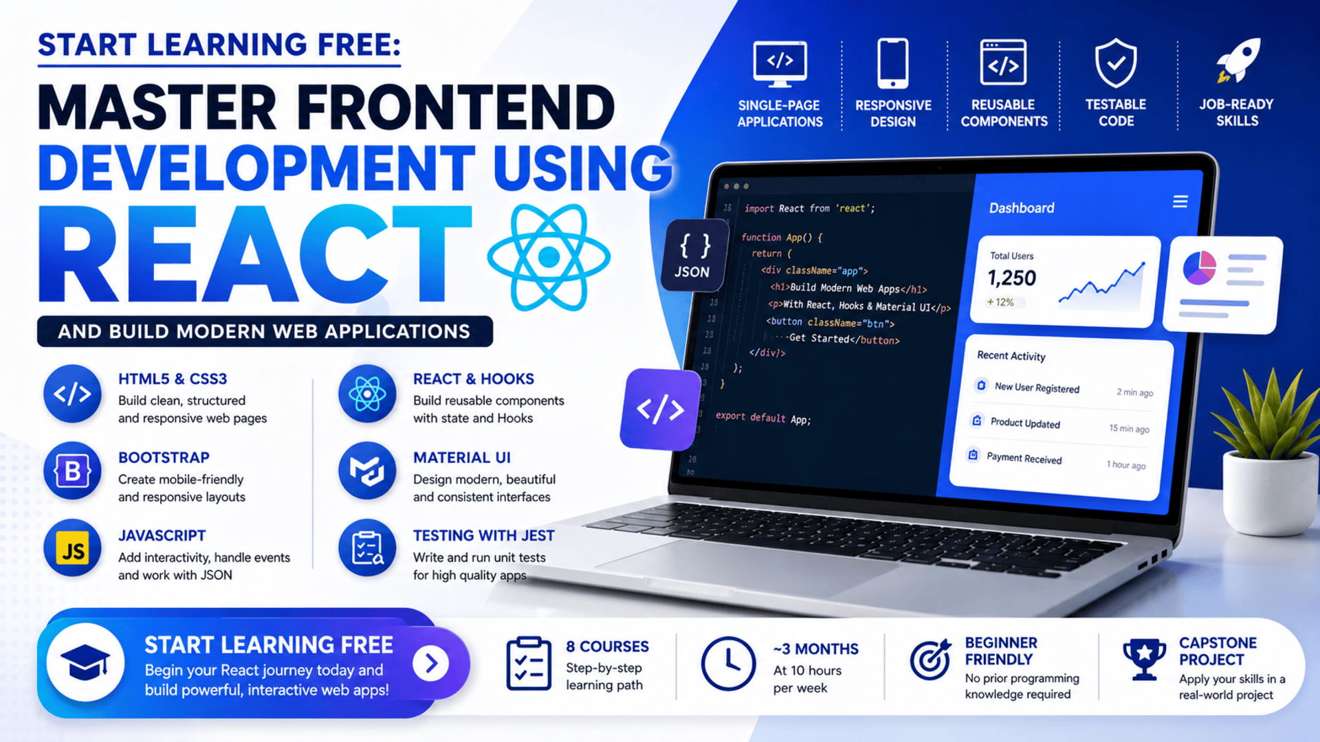 Start Learning Free frontend development using React program covering HTML5, CSS3, Bootstrap, JavaScript, React Hooks, Material UI, navigation, and Jest testing