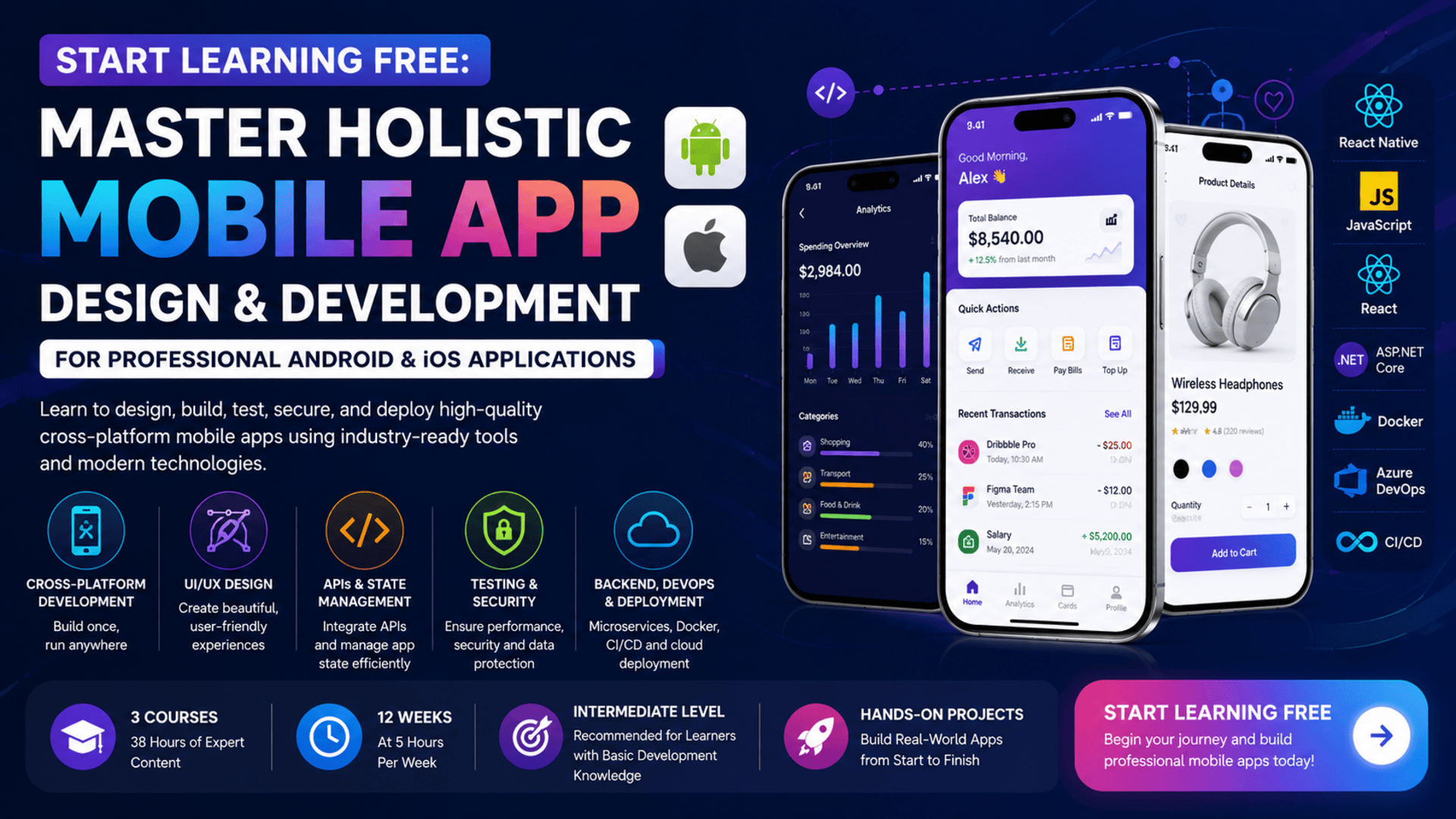 Start Learning Free holistic mobile app design and development program covering React Native, UI UX, APIs, testing, security, microservices, Docker, and Azure DevOps