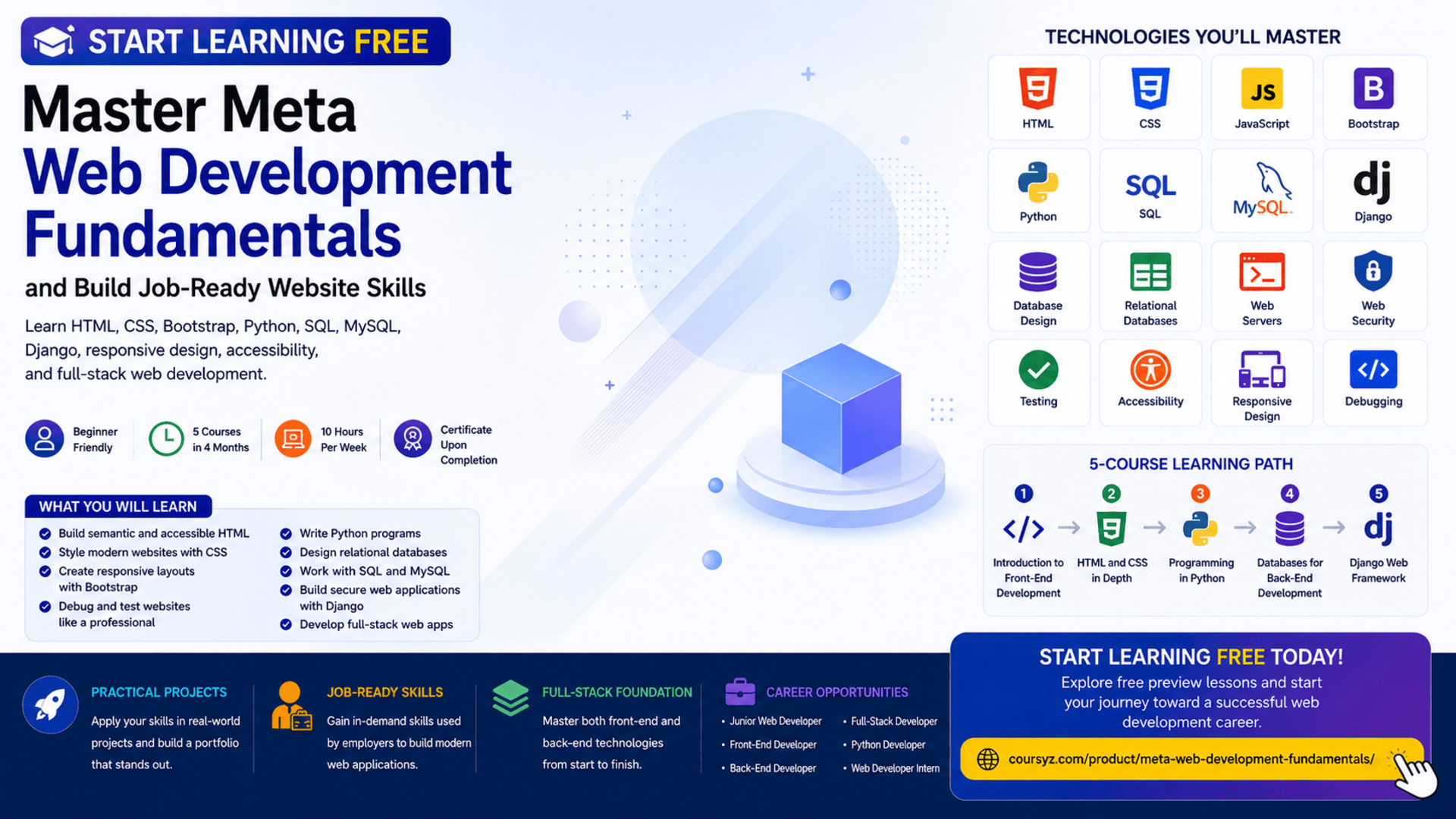 Start learning free and master Meta Web Development Fundamentals with HTML, CSS, Python, SQL, MySQL, and Django