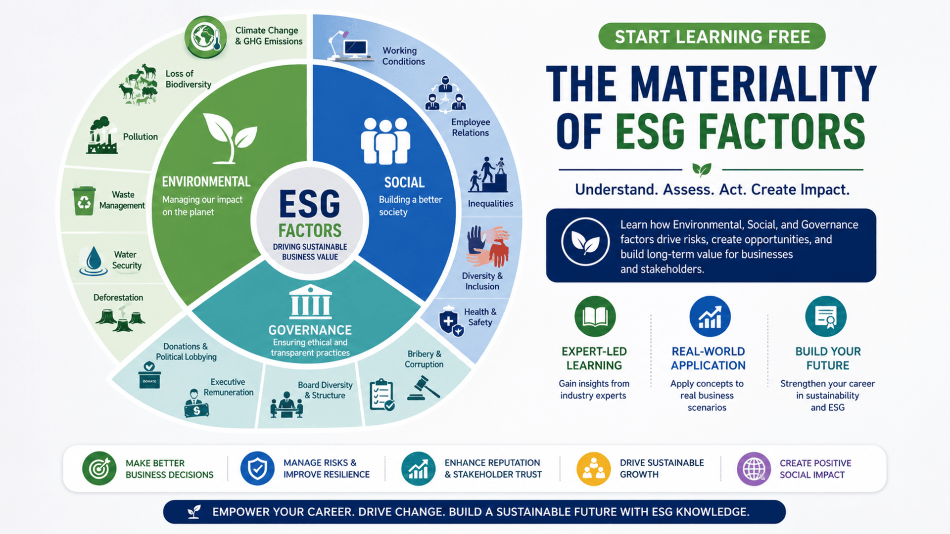 The Materiality of ESG Factors course covering sustainability strategy, ESG analysis, stakeholder engagement, governance, risk management, and business resilience.