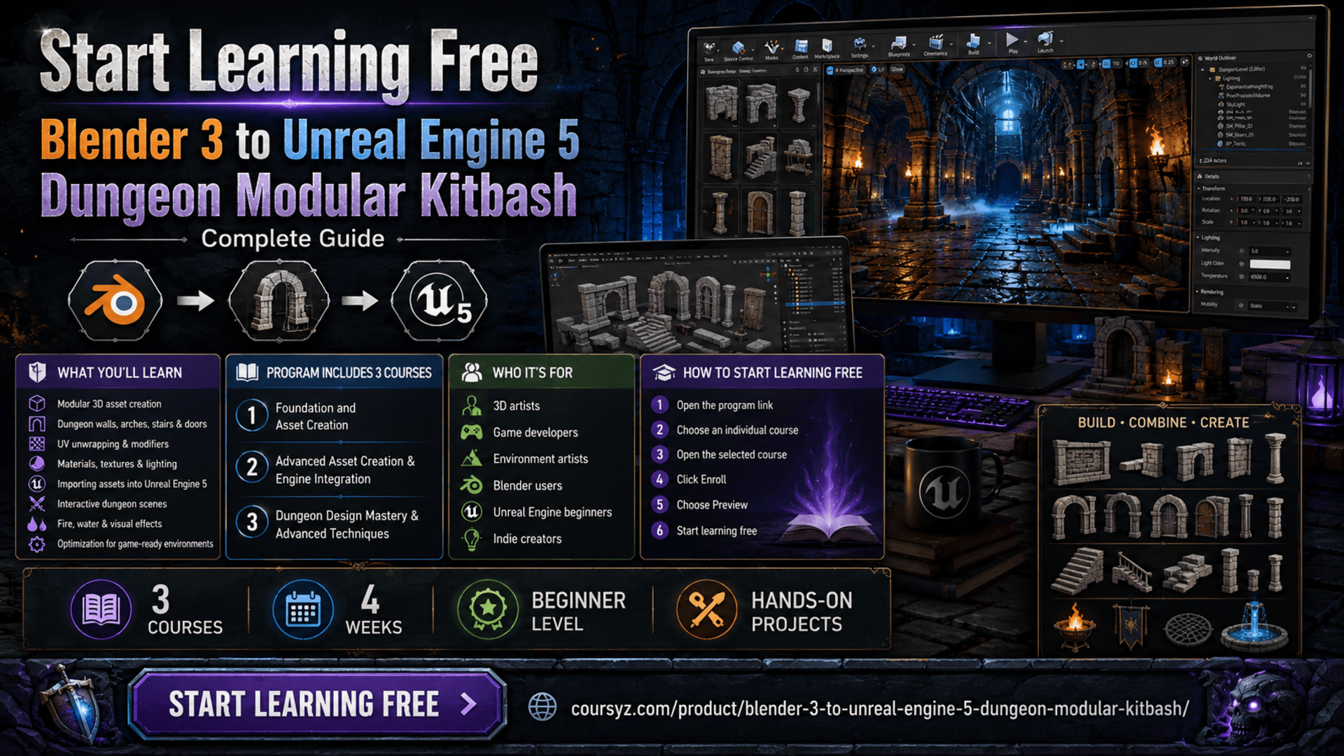 Start learning free Blender 3 to Unreal Engine 5 Dungeon Modular Kitbash course guide