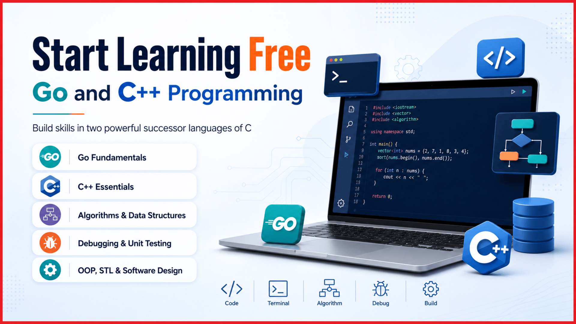Start learning free Go and C++ Programming complete course guide