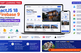 Start learning free and build a professional Realtor Clone with ReactJS 18, Firebase 9, Tailwind CSS, maps, and authentication