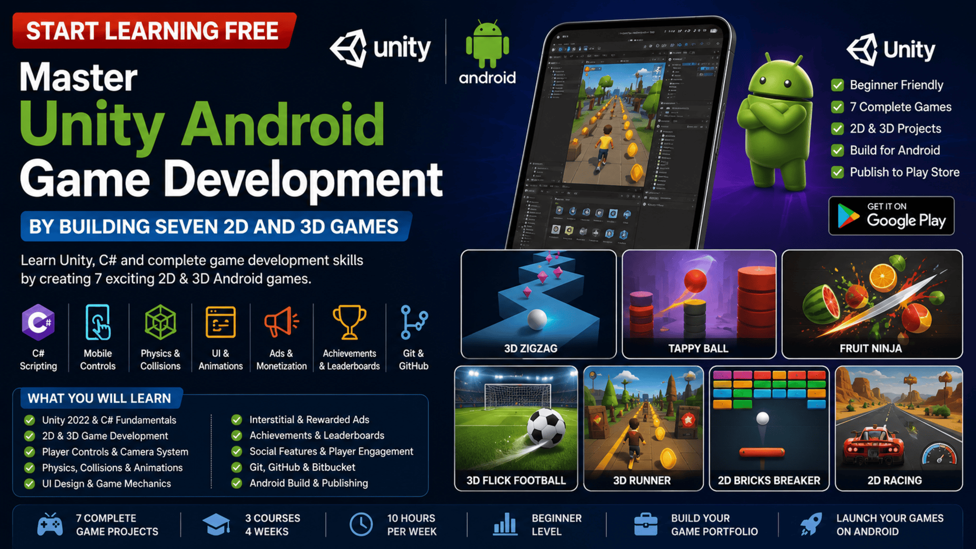 Start learning free and master Unity Android Game Development by building seven 2D and 3D games