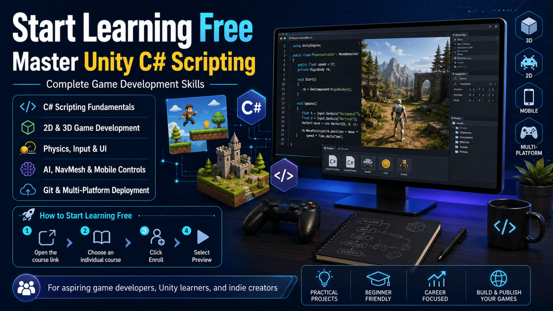 Start learning free Unity C# scripting and game development course