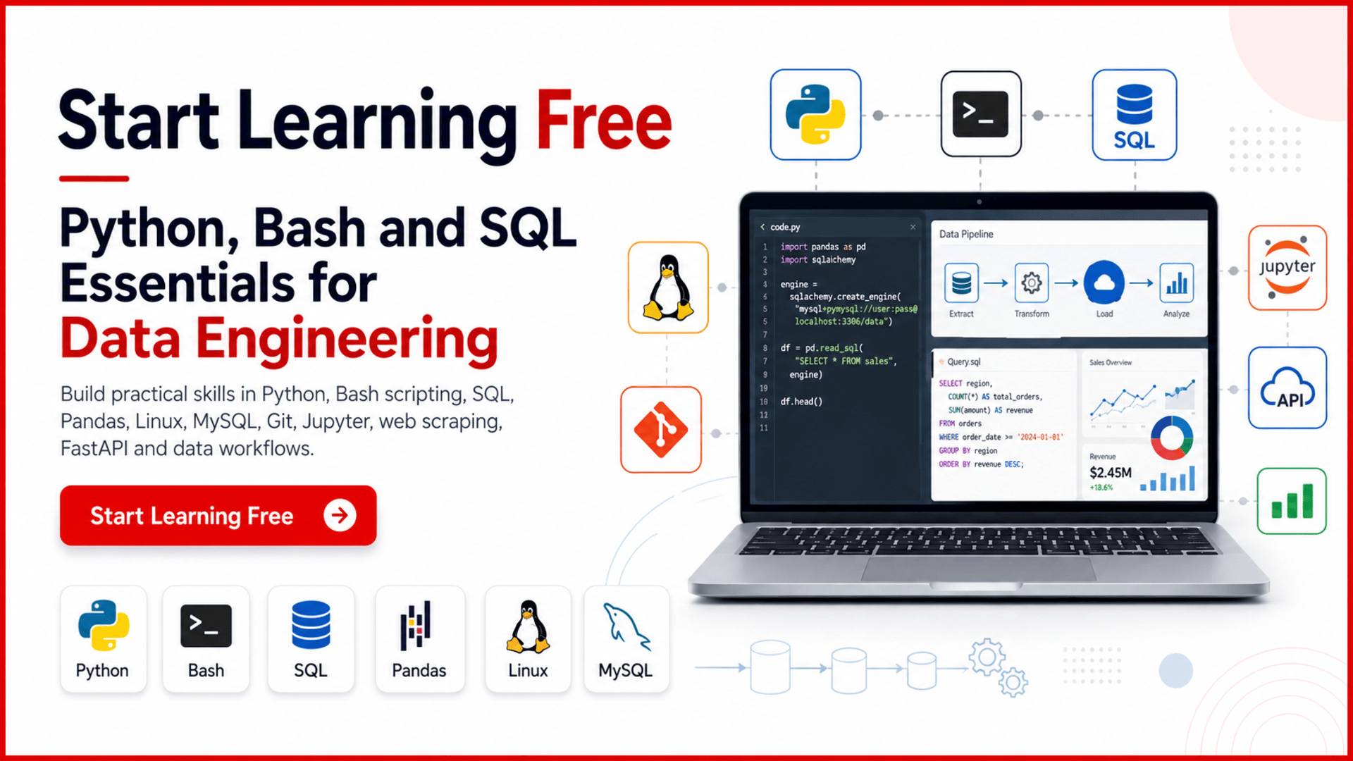 Start learning free Python Bash and SQL Essentials for Data Engineering complete guide